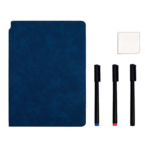 Set Agenda A5 Reutilizabila cu Pagini Tip Tabla, Agenda Pagini Albe cu Stergere Uscata, 3 Markere, 1 Burete și 1 Laveta de sters, Portabila, 24 x 16.5 cm, Coperta Piele, Albastru-0