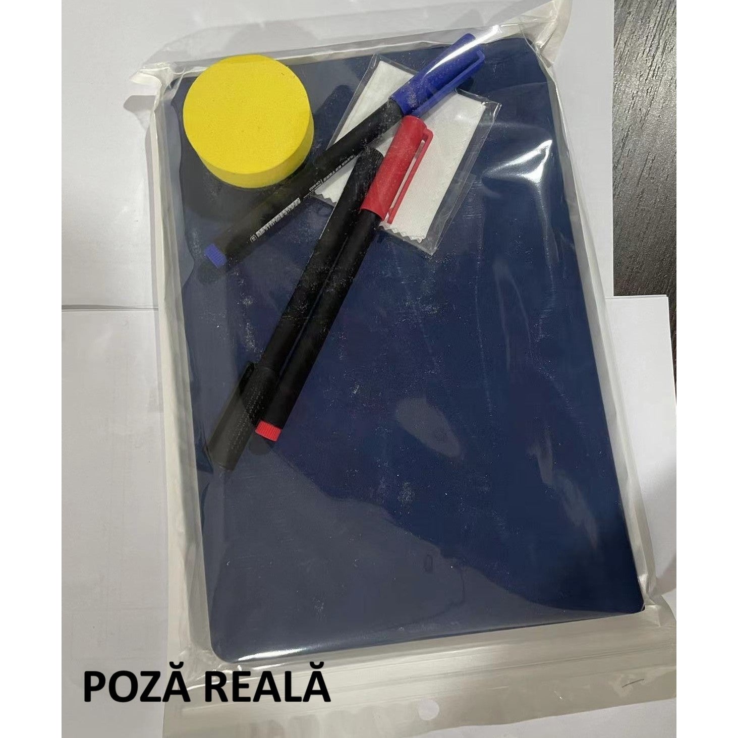 Set Agenda A5 Reutilizabila cu Pagini Tip Tabla, Agenda Pagini Albe cu Stergere Uscata, 3 Markere, 1 Burete și 1 Laveta de sters, Portabila, 24 x 16.5 cm, Coperta Piele, Albastru-5