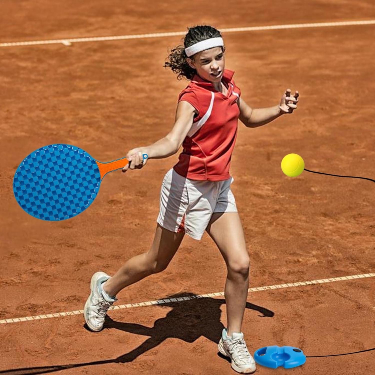 Set Badminton pentru Copii, Flippy, Doua Palete, Fluturas, 2 Mingi, Minge cu Elastic pentru Antrenament, Suport de Prindere Stabil, 41x23 cm, Albastru Portocaliu-2