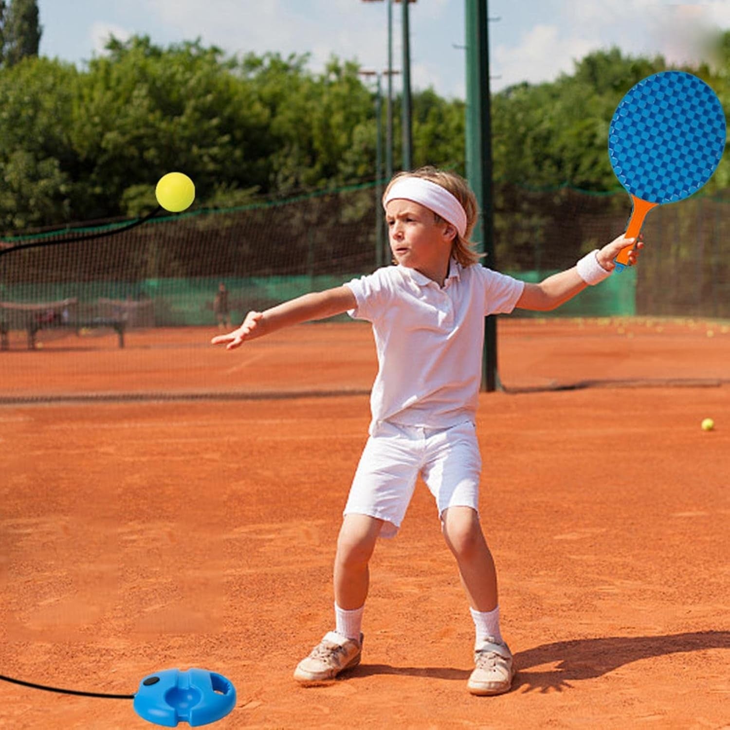 Set Badminton pentru Copii, Flippy, Doua Palete, Fluturas, 2 Mingi, Minge cu Elastic pentru Antrenament, Suport de Prindere Stabil, 41x23 cm, Albastru Portocaliu-3