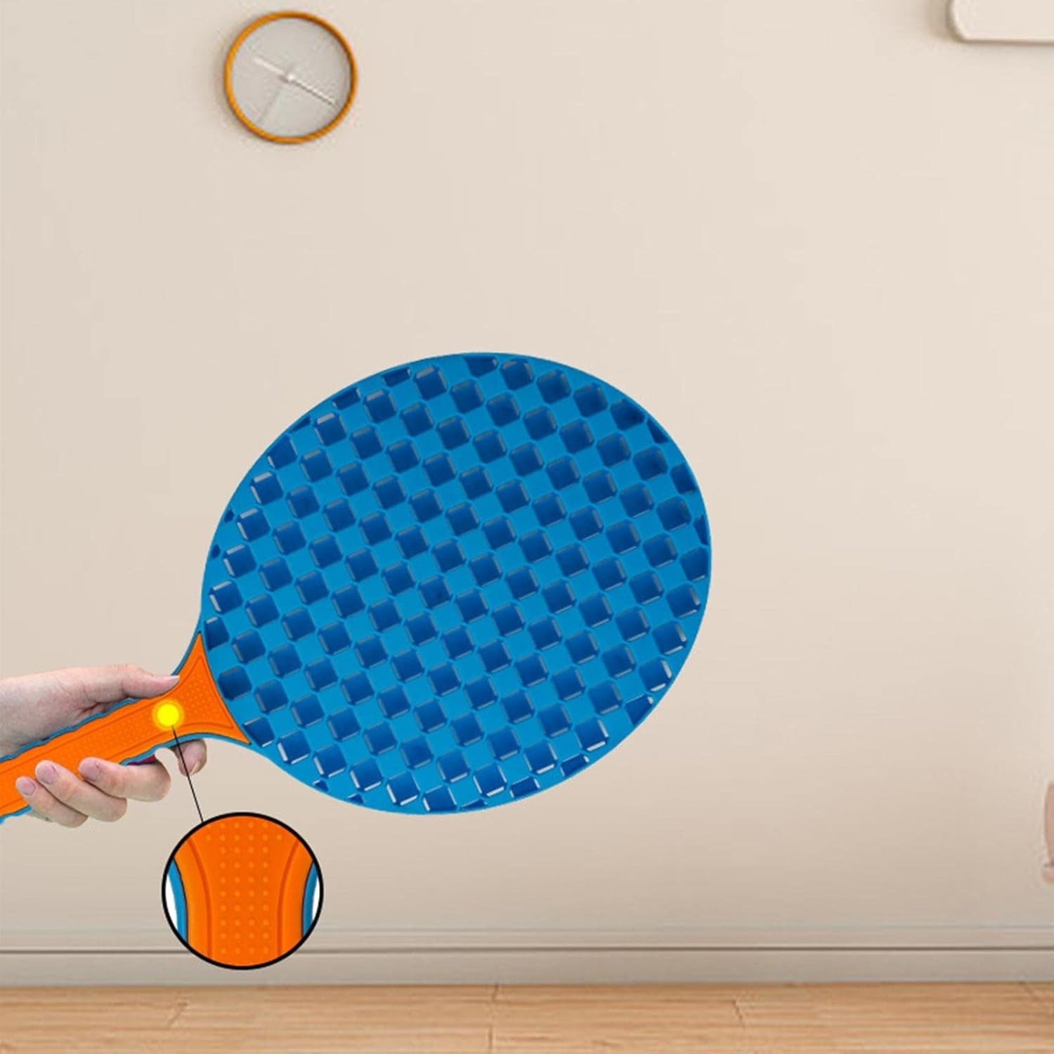 Set Badminton pentru Copii, Flippy, Doua Palete, Fluturas, 2 Mingi, Minge cu Elastic pentru Antrenament, Suport de Prindere Stabil, 41x23 cm, Albastru Portocaliu-5