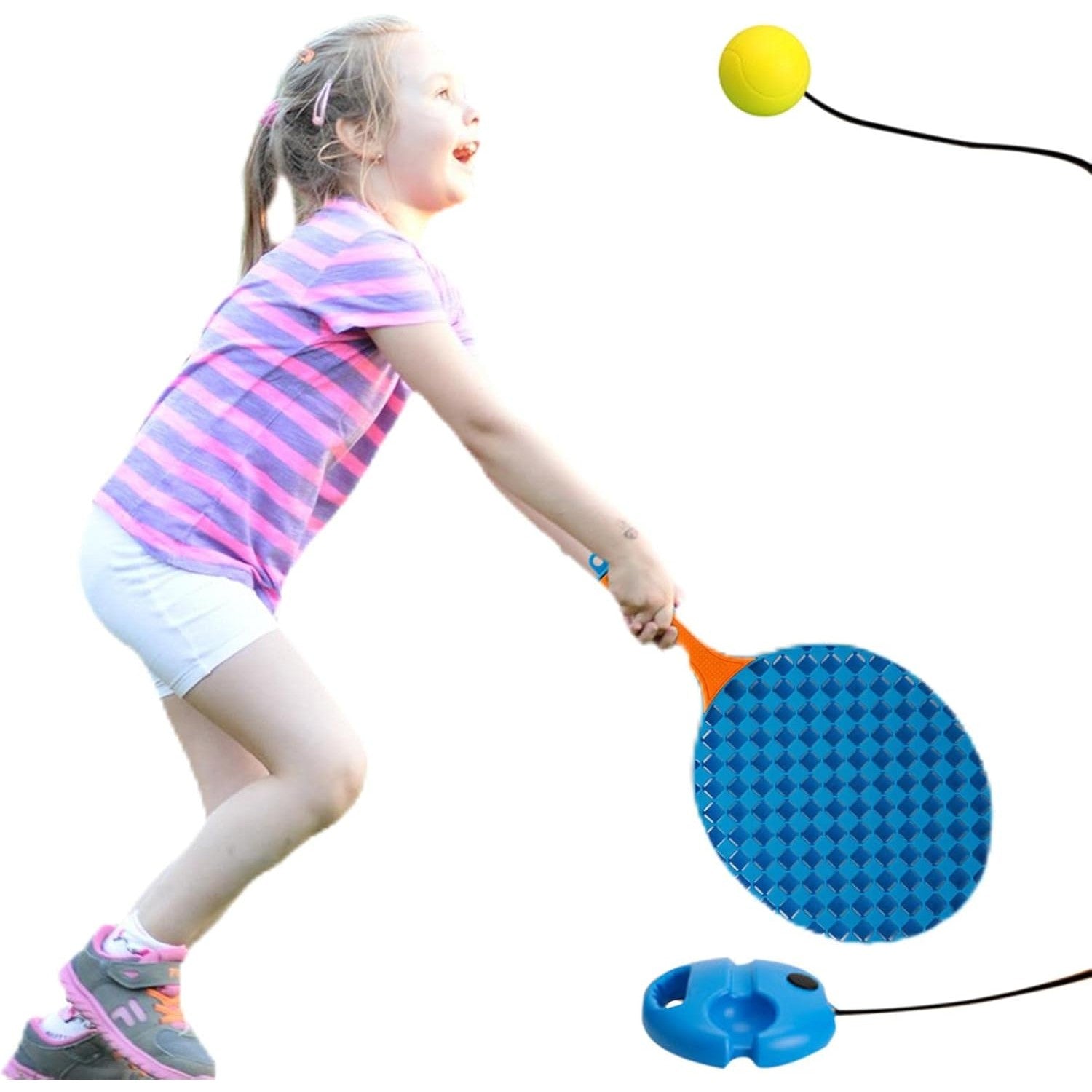 Set Badminton pentru Copii, Flippy, Doua Palete, Fluturas, 2 Mingi, Minge cu Elastic pentru Antrenament, Suport de Prindere Stabil, 41x23 cm, Albastru Portocaliu-6