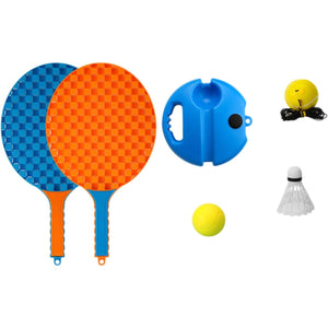 Set Badminton pentru Copii, Flippy, Doua Palete, Fluturas, 2 Mingi, Minge cu Elastic pentru Antrenament, Suport de Prindere Stabil, 41x23 cm, Albastru Portocaliu-0