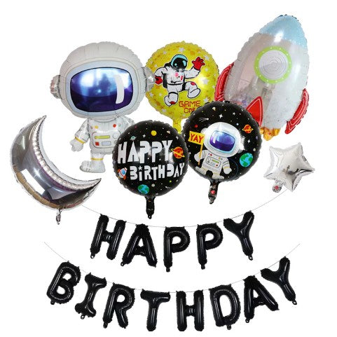 Set baloane aniversare 8 piese, temtica astronaut, 1 luna, 1 stea, 1 racheta, 1 astronaut, 3 baloane folie, 1 set Happy Birthday-0