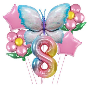 Set baloane aniversare cu numere 6 piese, 2 flori, 2 stelute, 1 fluture, Roz, Cifra 8-0