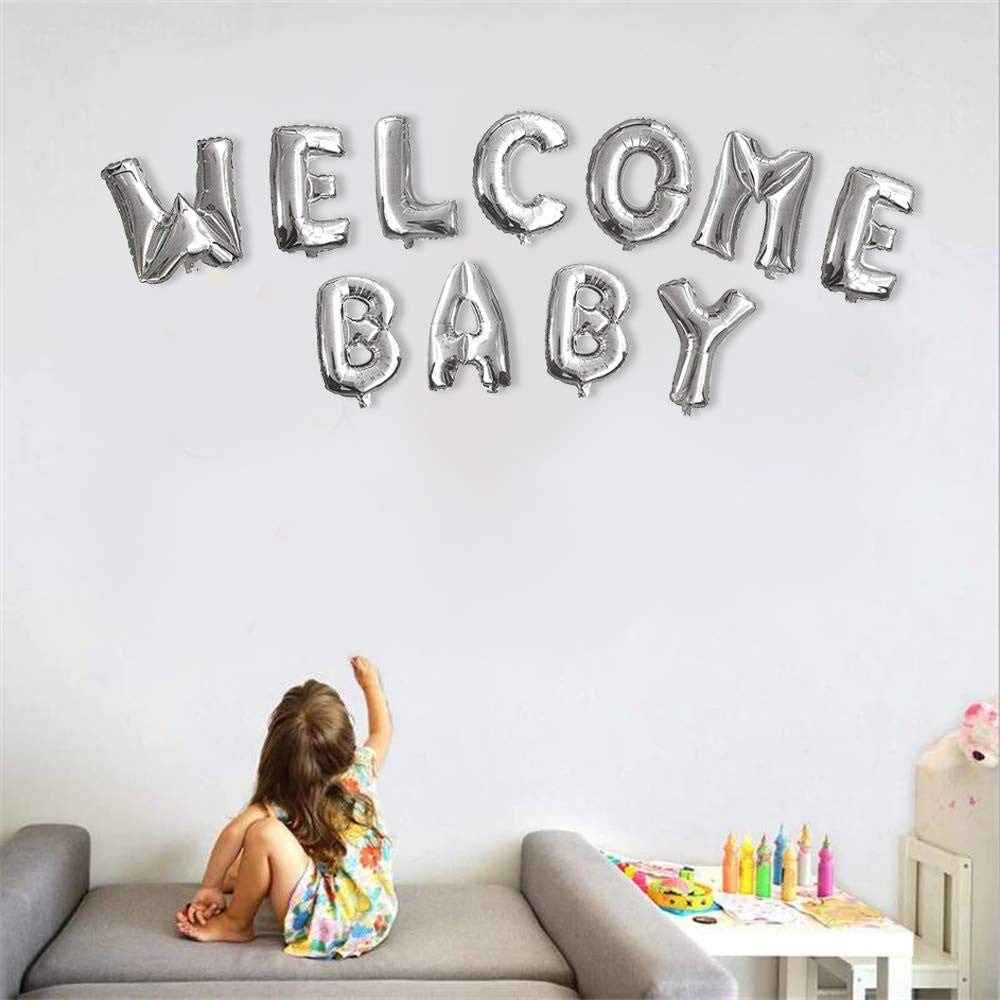 Set Baloane din Folie Metalizata, Flippy, Figurine Litere, Model Welcome Baby, Tema Aniversare, 40 cm, Ambalaj Individual, Pai inclus, Umflare cu Aer sau Heliu, Argintiu-1
