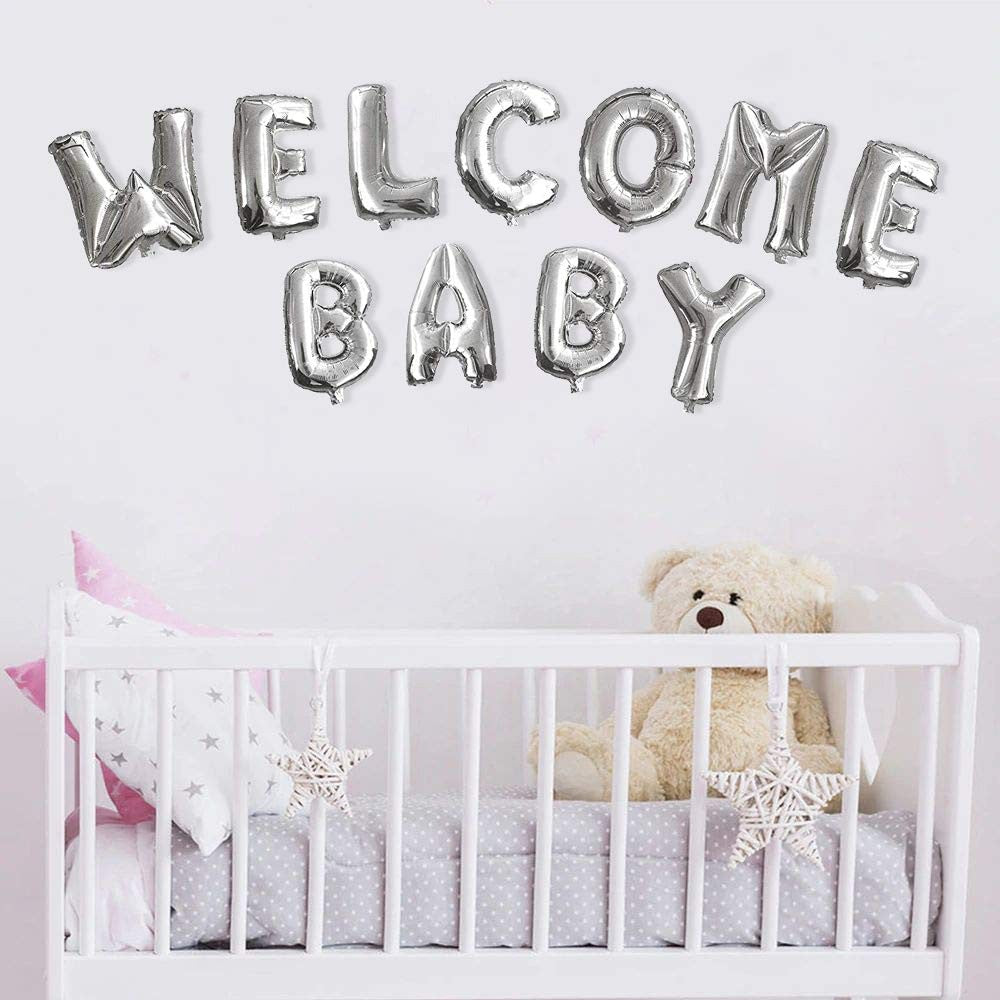 Set Baloane din Folie Metalizata, Flippy, Figurine Litere, Model Welcome Baby, Tema Aniversare, 40 cm, Ambalaj Individual, Pai inclus, Umflare cu Aer sau Heliu, Argintiu-2