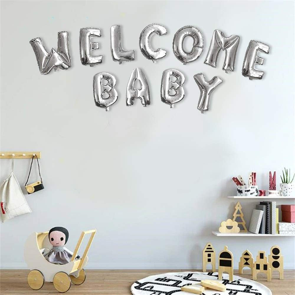 Set Baloane din Folie Metalizata, Flippy, Figurine Litere, Model Welcome Baby, Tema Aniversare, 40 cm, Ambalaj Individual, Pai inclus, Umflare cu Aer sau Heliu, Argintiu-3
