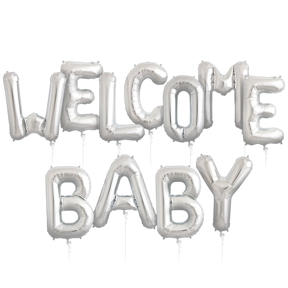 Set Baloane din Folie Metalizata, Flippy, Figurine Litere, Model Welcome Baby, Tema Aniversare, 40 cm, Ambalaj Individual, Pai inclus, Umflare cu Aer sau Heliu, Argintiu-4