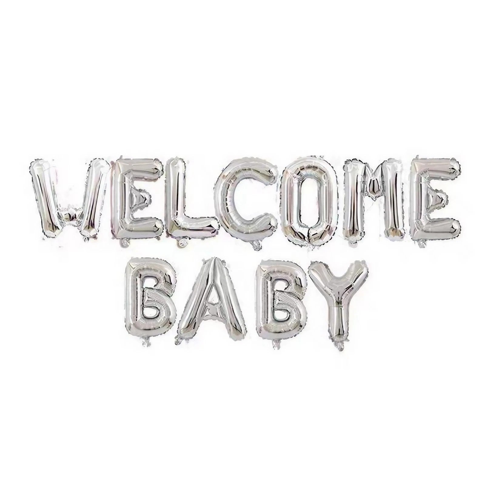 Set Baloane din Folie Metalizata, Flippy, Figurine Litere, Model Welcome Baby, Tema Aniversare, 40 cm, Ambalaj Individual, Pai inclus, Umflare cu Aer sau Heliu, Argintiu-0