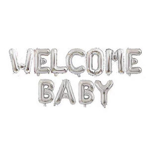 Set Baloane din Folie Metalizata, Flippy, Figurine Litere, Model Welcome Baby, Tema Aniversare, 40 cm, Ambalaj Individual, Pai inclus, Umflare cu Aer sau Heliu, Argintiu-0