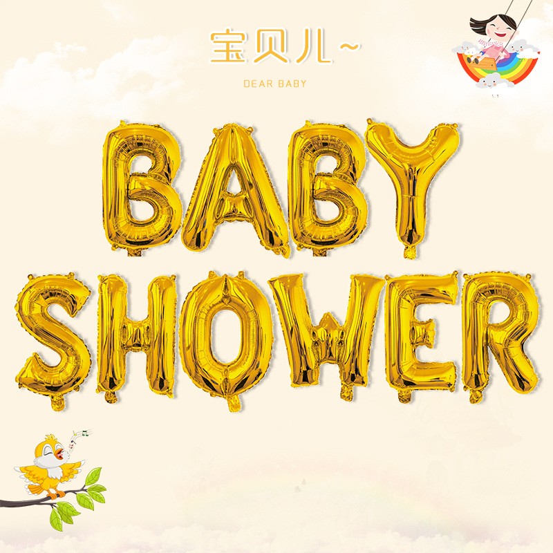Set baloane din folie metalizată, Model Baby Shower, Cu ață de prindere, litere de 40 cm, Baloane Party, Auriu-0