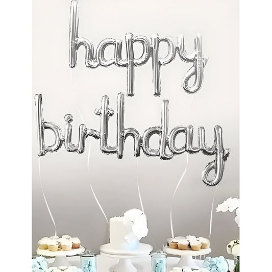 Set Baloane din Folie Metalizată, Flippy, Model Happy Birthday, 45x85 cm, 45x124cm, Baloane Party, Ambalaj Individual, Pai inclus, Argintiu-1