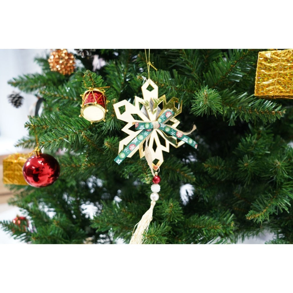 Set brad artificial de Craciun si elemente decorative, nins, decorat cu conuri pin, pentru interior/exterior, inaltime 210 cm, diametru 131 cm, 630 ramuri, Flippy, alb/verde, suport metalic inclus-5