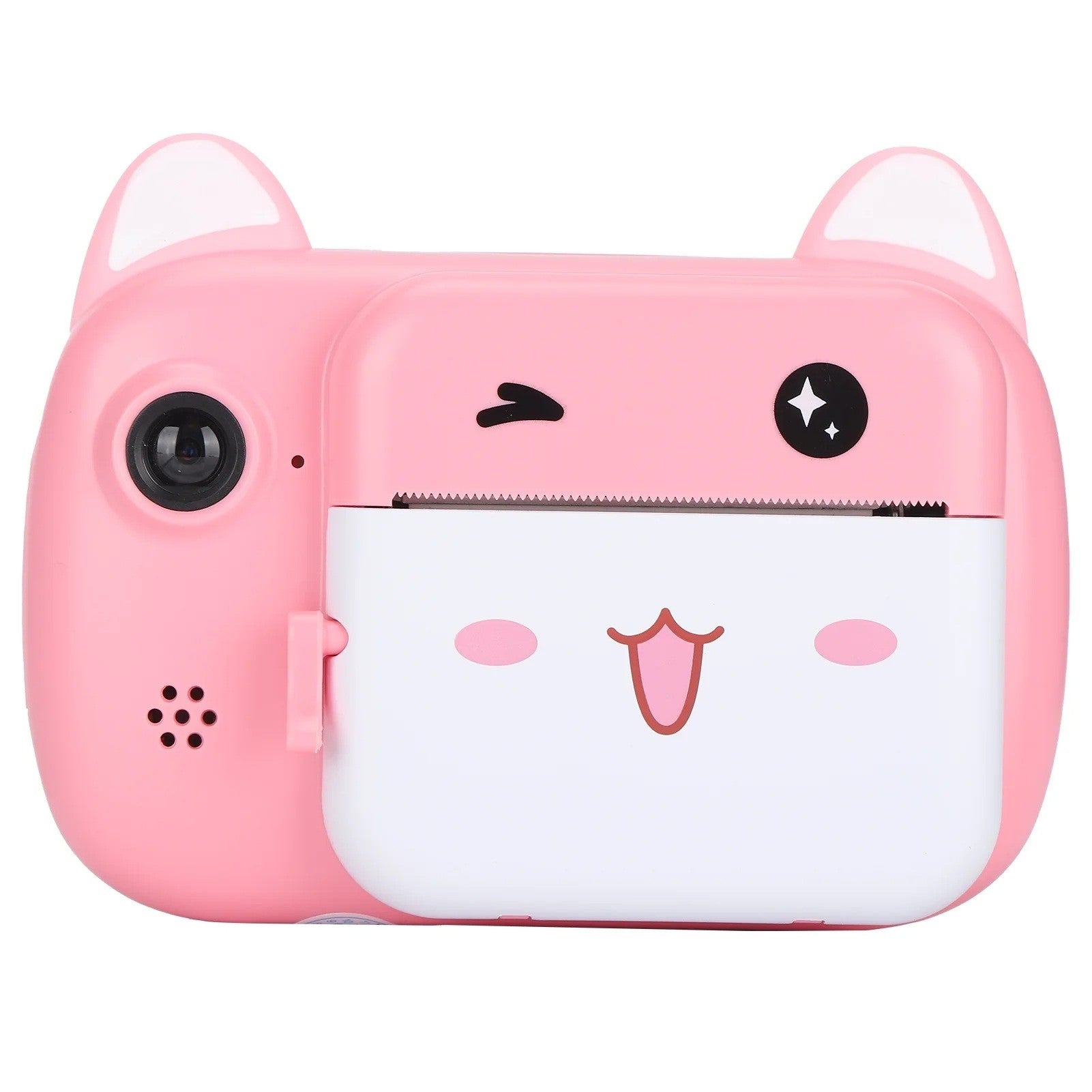 Set Camera Instantanee pentru Copii, Flippy, Camera Selfie, Ecran HD 2.4'', 24MP, 1080P Video, 1200 mAh, cu Functie de Printare Alb-Negru, cablu USB-C, Bluetooth, Compatibil iOS/Android, Imprimare APP, Model Pisicia Emoji, Roz-0