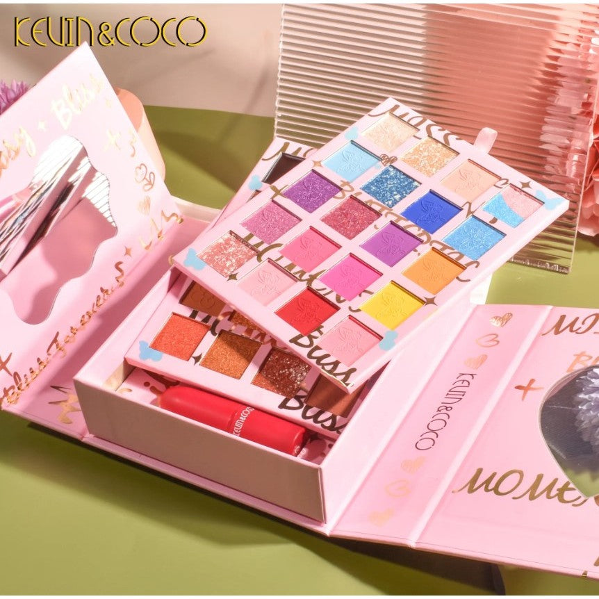 Set cosmetice Kevin&Coco, 4 Lip gloss, paleta farduri 40 culori nuante nude / rose, cutie cadou, Fara Sulfati, Pudra Compacta, Clasic, 17 x 14 x 5 cm, multicolor-3