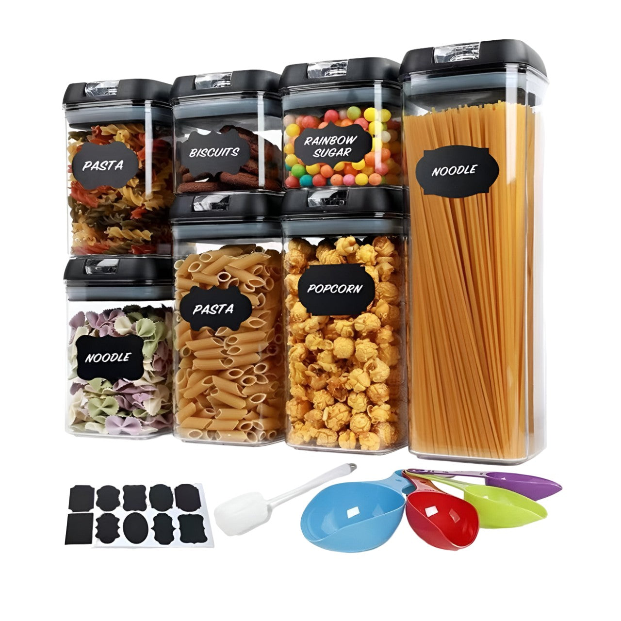 Set Cutii de Depozitare a Alimentelor, Flippy, 7 Recipiente, 10 Etichete Reutilizabile, 4 Linguri, pentru Bucatarie, Spatula, Etansare, Fara BPA, Transparente, Capac Negru-0