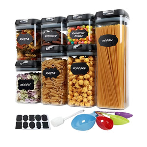 Set Cutii de Depozitare a Alimentelor, Flippy, 7 Recipiente, 10 Etichete Reutilizabile, 4 Linguri, pentru Bucatarie, Spatula, Etansare, Fara BPA, Transparente, Capac Negru-0