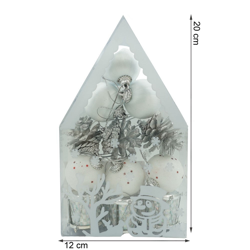 Set de 12 ornamente de brad, Flippy, de tip Glob, Alb/ Argintiu, din polistiren, cu finisaj sclipitor , cutie 4 cm adancime x 20 cm inaltime x 12 cm lungime)-10