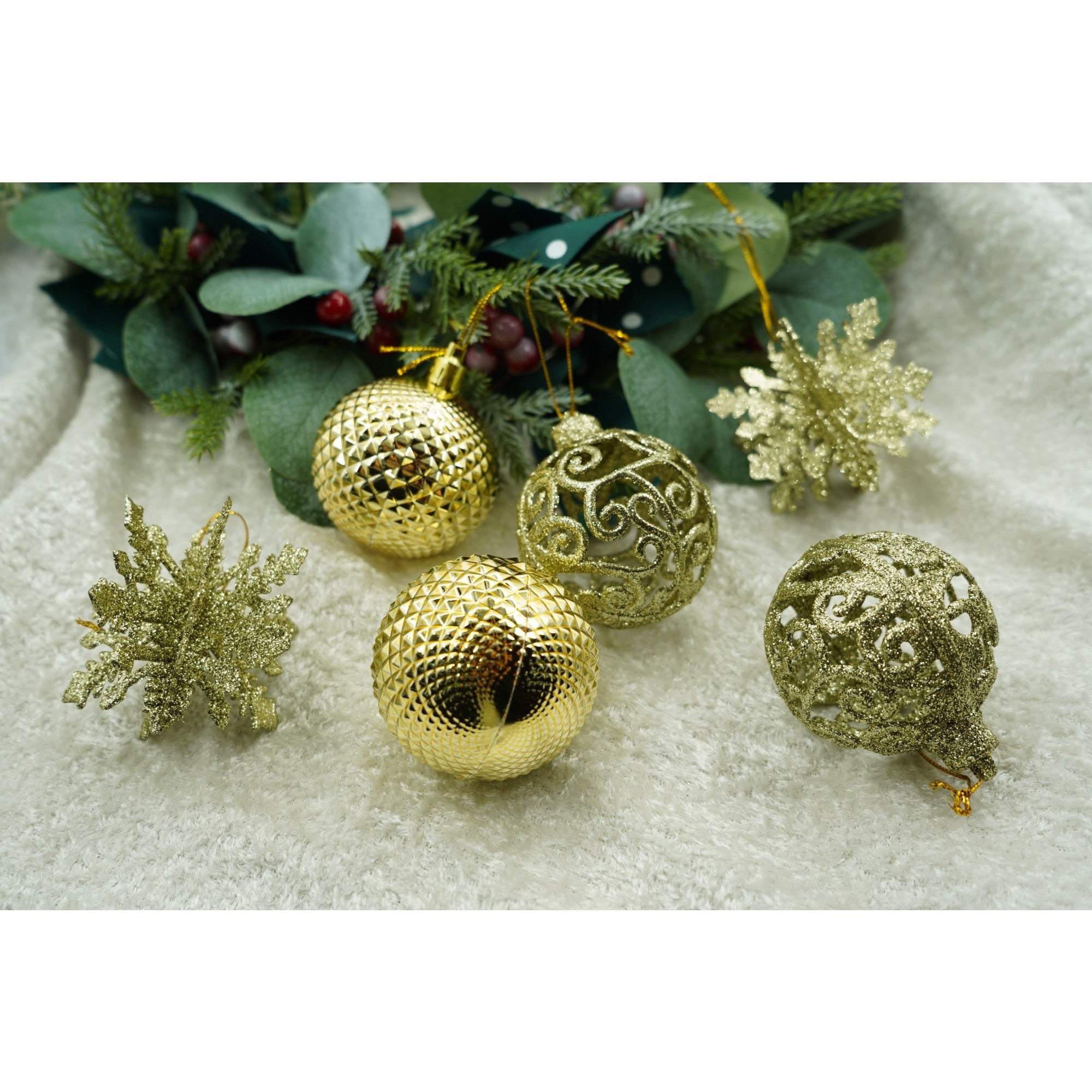 Set de 12 ornamente de brad, Flippy, de tip Glob, Auriu, din plastic, cu finisaj sclipitor , cutie 6 cm adancime x 23 cm lungime x 18 cm inaltime-1