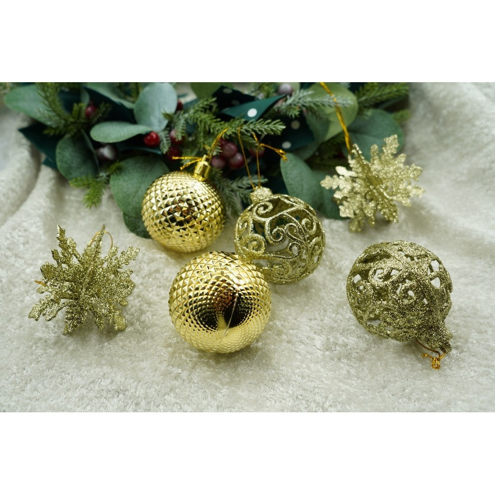 Set de 12 ornamente de brad, Flippy, de tip Glob, Auriu, din plastic, cu finisaj sclipitor , cutie 6 cm adancime x 23 cm lungime x 18 cm inaltime-6