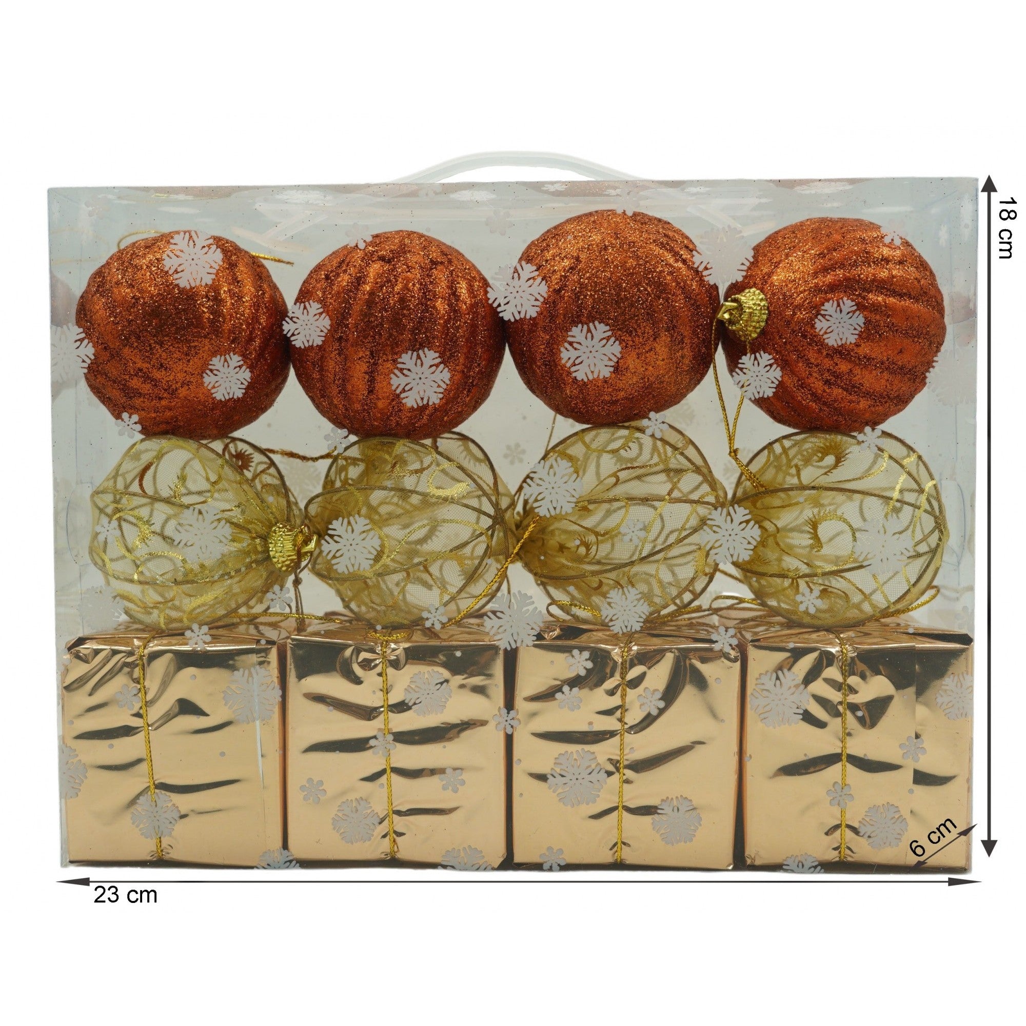 Set de 12 ornamente de brad, Flippy, de tip Glob, Cupru/ Auriu, din polistiren, cu finisaj sclipitor , cutie 6 cm adancime x 23 cm lungime x 18 cm inaltime-5
