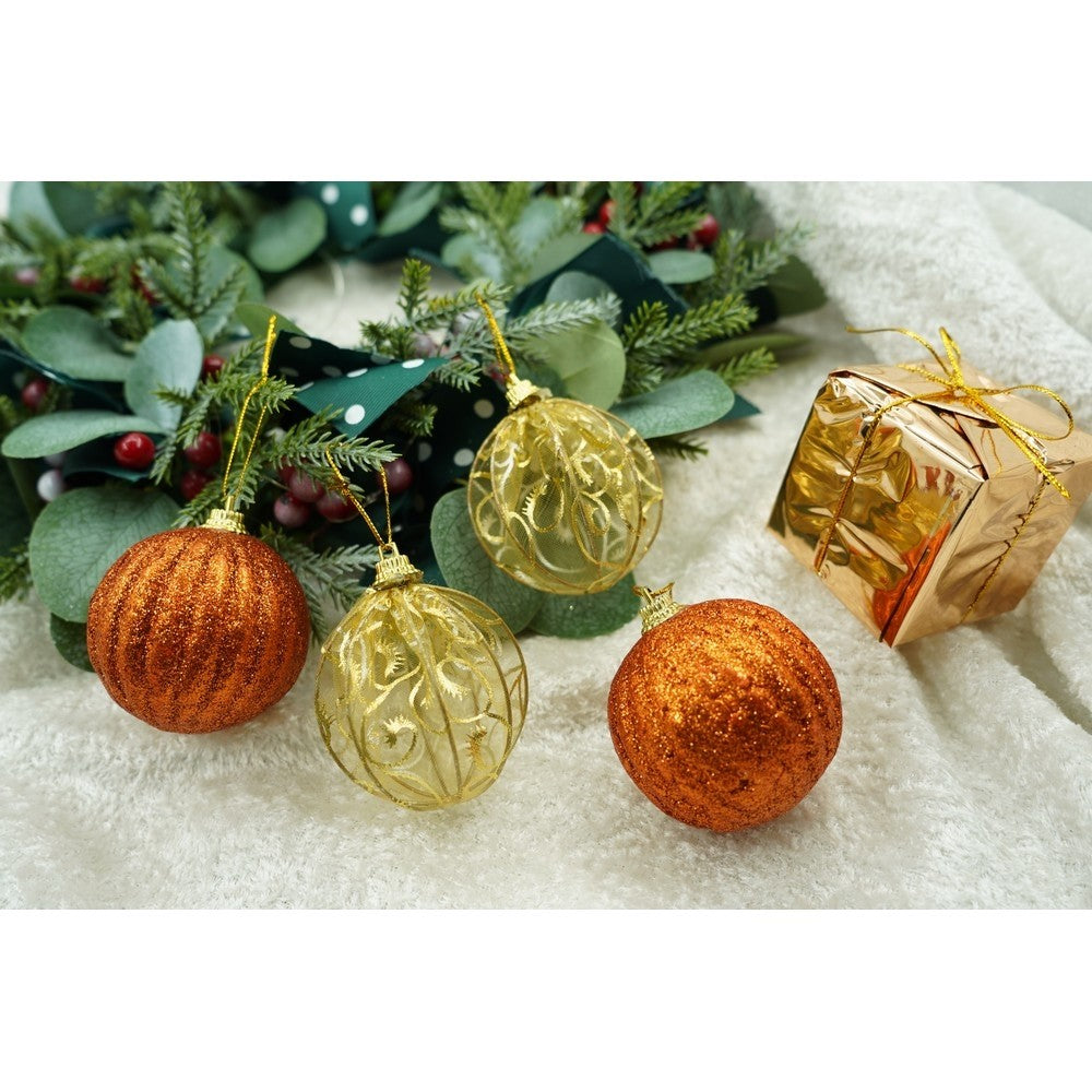 Set de 12 ornamente de brad, Flippy, de tip Glob, Cupru/ Auriu, din polistiren, cu finisaj sclipitor , cutie 6 cm adancime x 23 cm lungime x 18 cm inaltime-6