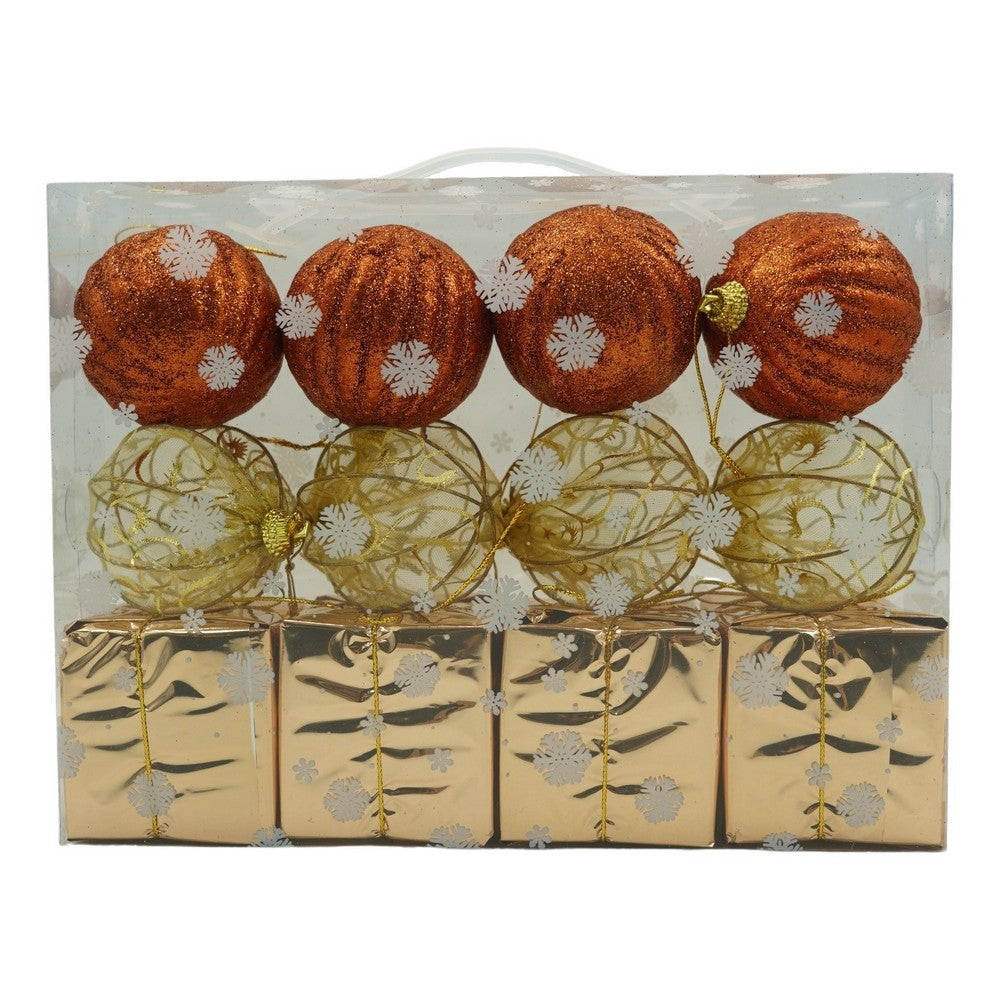Set de 12 ornamente de brad, Flippy, de tip Glob, Cupru/ Auriu, din polistiren, cu finisaj sclipitor , cutie 6 cm adancime x 23 cm lungime x 18 cm inaltime-0