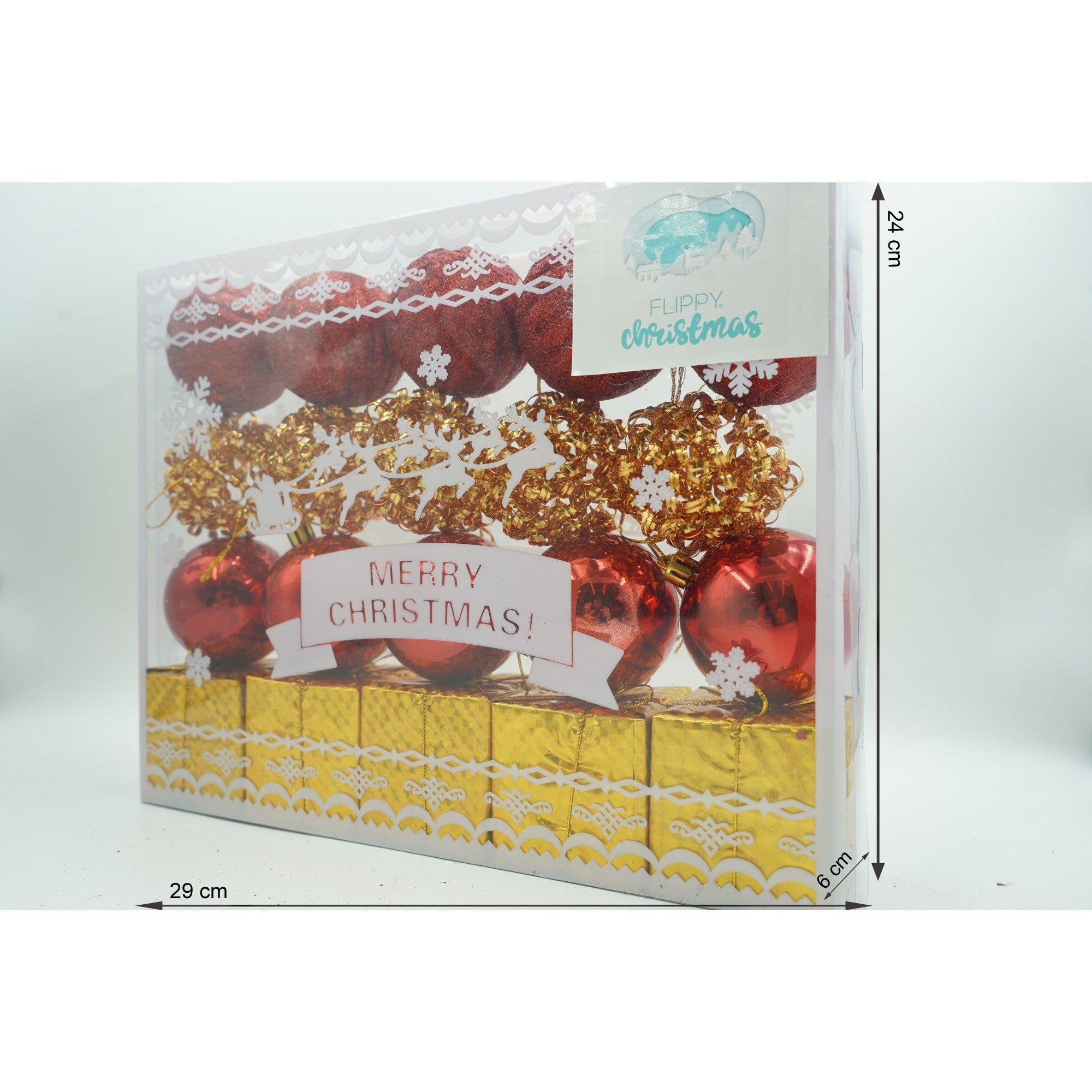 Set de 20 ornamente de brad, Flippy, de tip Glob, Rosu/ Auriu, din polistiren, cu finisaj sclipitor , cutie 6 cm adancime x 29 cm lungime x 24 cm inaltime-5