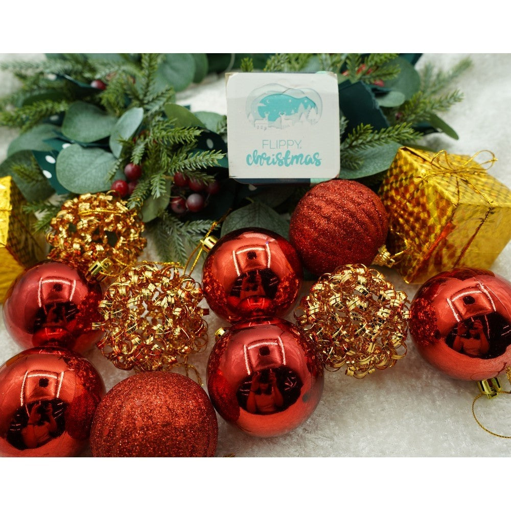 Set de 20 ornamente de brad, Flippy, de tip Glob, Rosu/ Auriu, din polistiren, cu finisaj sclipitor , cutie 6 cm adancime x 29 cm lungime x 24 cm inaltime-7