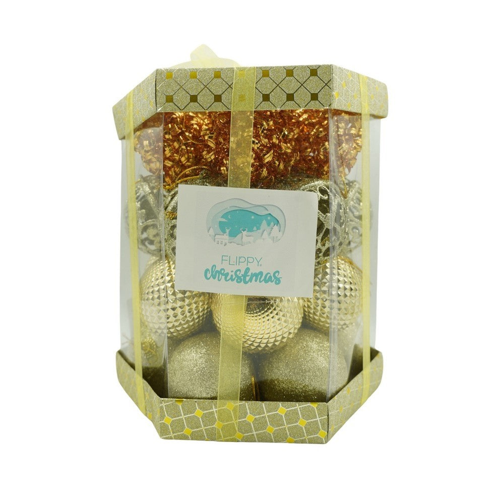 Set de 28 ornamente de brad, Flippy, de tip Glob, Cupru/ Auriu, din polistiren, cu finisaj sclipitor , cutie 18 cm adancime x 22 cm inaltime x 18 cm lungime)-0