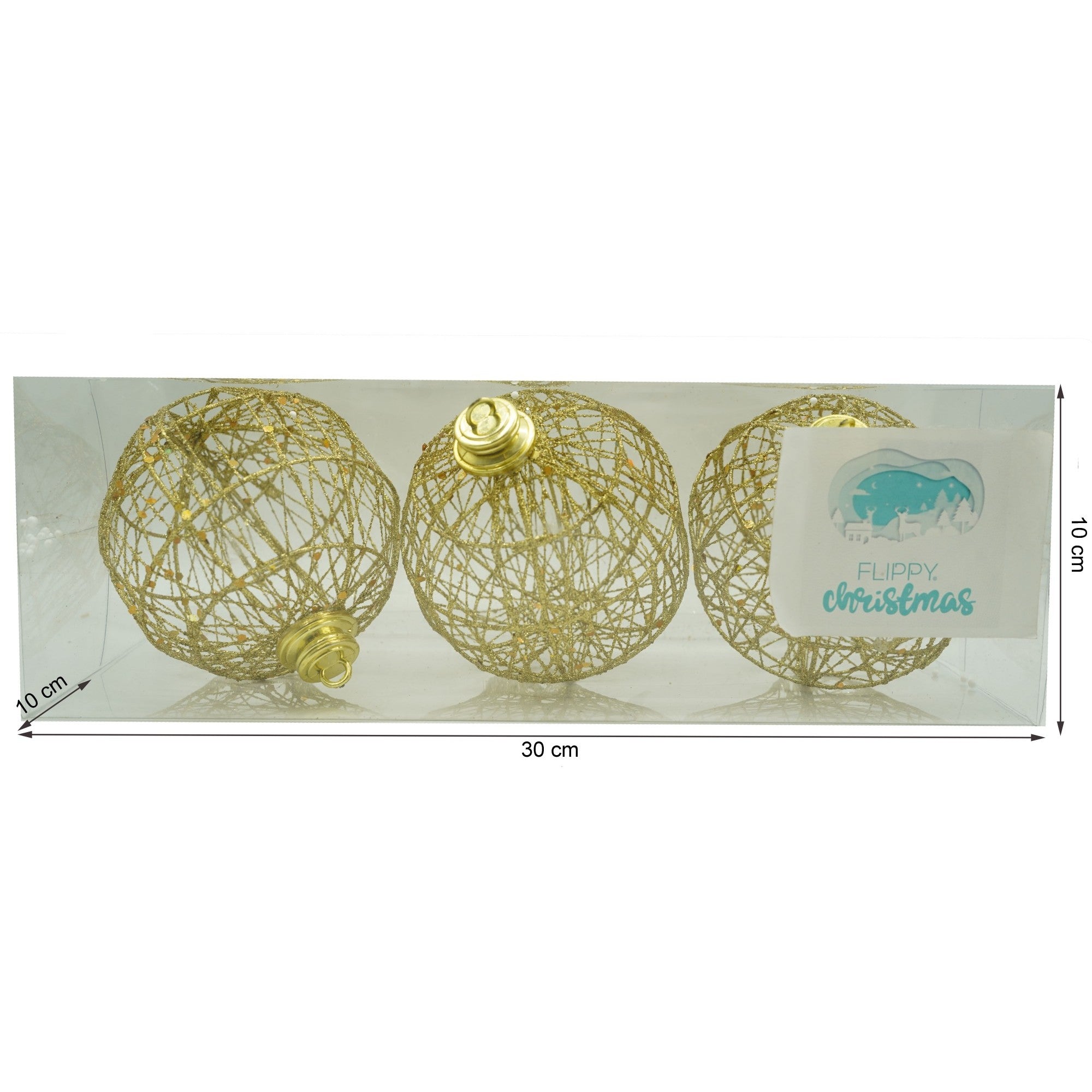 Set de 3 ornamente de brad, Flippy, de tip Glob, Auriu, cu ø de 10 cm, din metal, cu finisaj sclipitor , cutie 10 cm adancime x 30 cm lungime x 10 cm inaltime-5