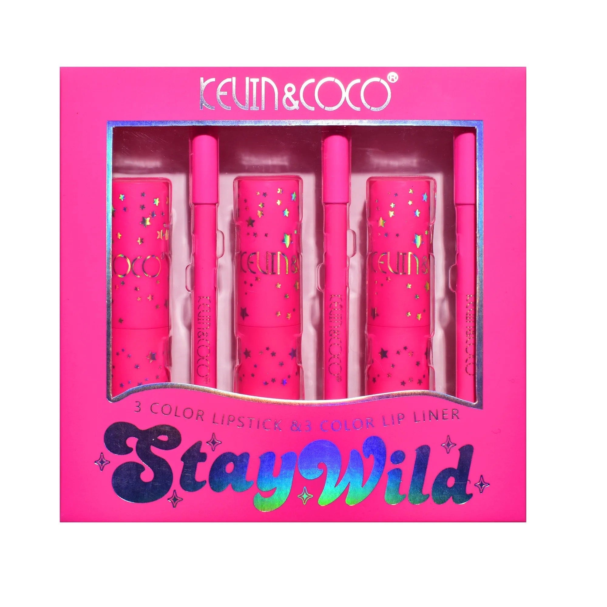 Set de Buze, KEVIN & COCO, Stay Wild, 3 Lip Stick-uri si 3 Creioane de Buze, 16.1 x 16 x 2.6 cm, Nuante Calde-5