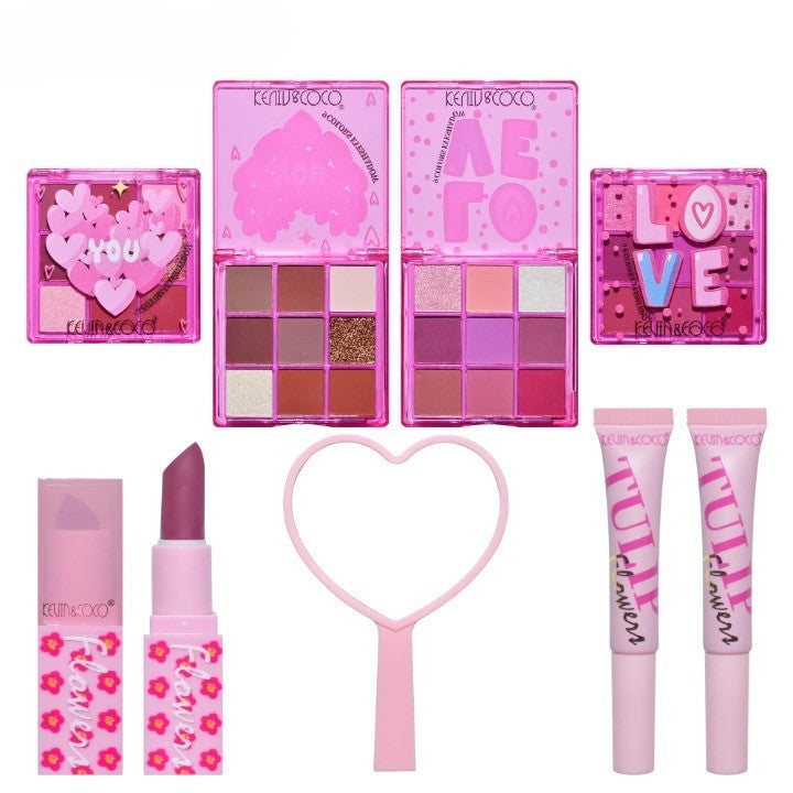 Set de Machiaj, KEVIN & COCO, 22 Culori, Model Lalele, 2 Palete de Farduri, 2 Lip Gloss-uri, 2 Lip Stick-uri, 1 Oglinda Inimioara, 15.7 x 21 x 4 cm, Multicolor-0