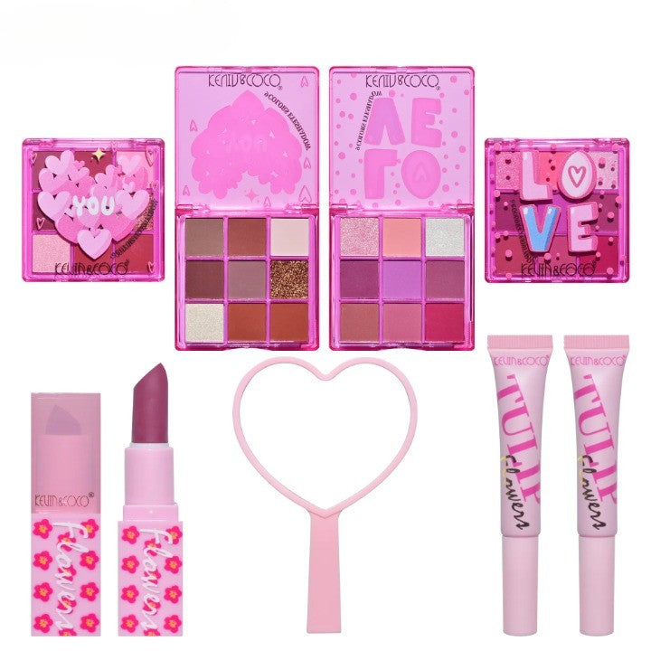 Set de Machiaj, KEVIN & COCO, 22 Culori, Model Lalele, 2 Palete de Farduri, 2 Lip Gloss-uri, 2 Lip Stick-uri, 1 Oglinda Inimioara, 15.7 x 21 x 4 cm, Multicolor-1