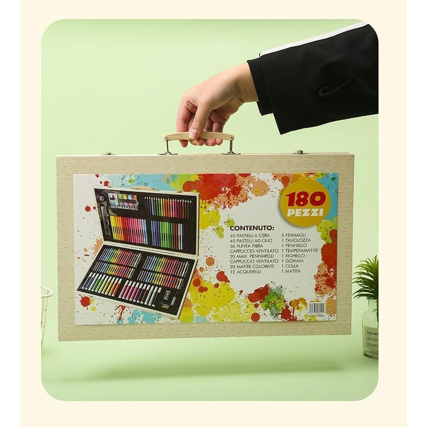 Set 180 Piese pentru Desen si Pictura, Flippy, Tip Servieta din Lemn, Model Natur, 46 x 30.9 x 4.1 cm, Multicolor-1