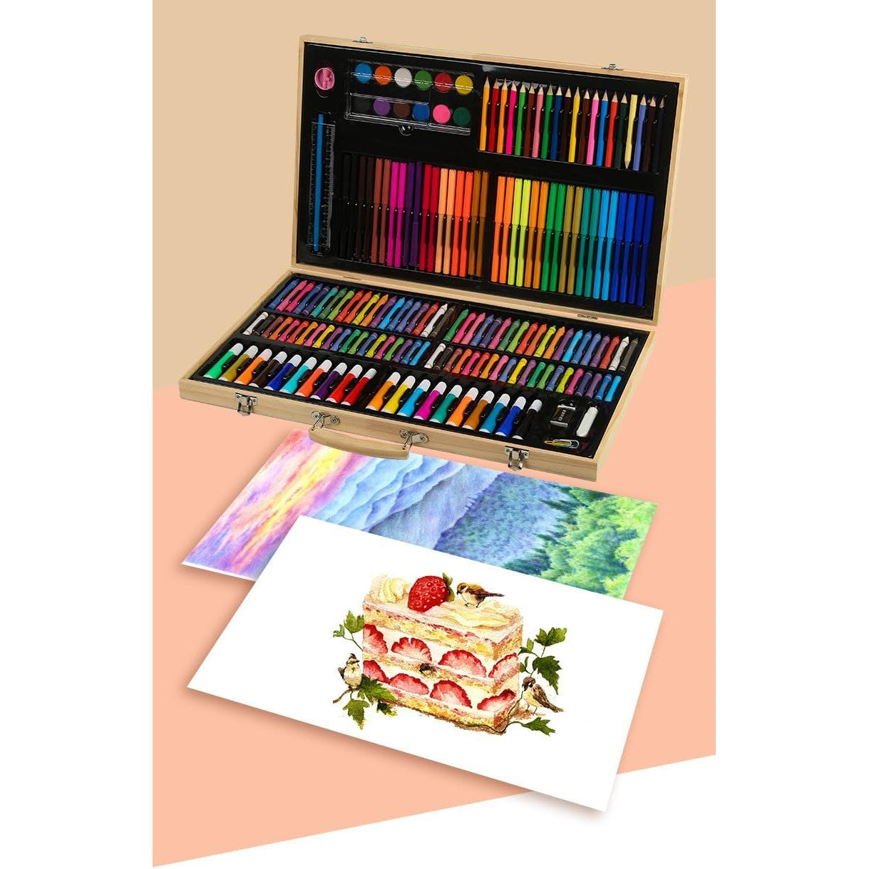 Set 180 Piese pentru Desen si Pictura, Flippy, Tip Servieta din Lemn, Model Natur, 46 x 30.9 x 4.1 cm, Multicolor-7