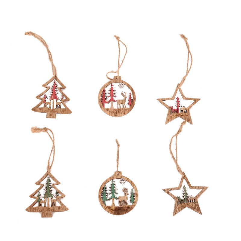 Set 6 Decoratiuni de Craciun din Lemn, Flippy, cu Snur pentru Agatare in Brad, Model Brad, Glob si Steluta, Rosu-3