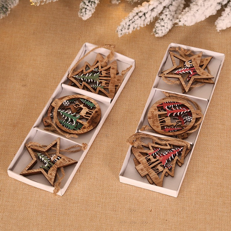 Set 6 Decoratiuni de Craciun din Lemn, Flippy, cu Snur pentru Agatare in Brad, Model Brad, Glob si Steluta, Rosu-4