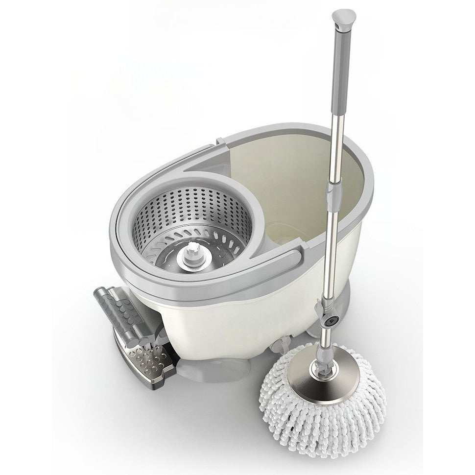 Set Galeata cu Pedala si Mop Rotativ 360°, Flippy, Cu Actiune Centrifuga x4, Pentru Uz Casnic, Maner din Otel Inoxidabil Telescopic, 2 Capte din Bumbac, 46x30x28 cm, Alb Ivoir-1