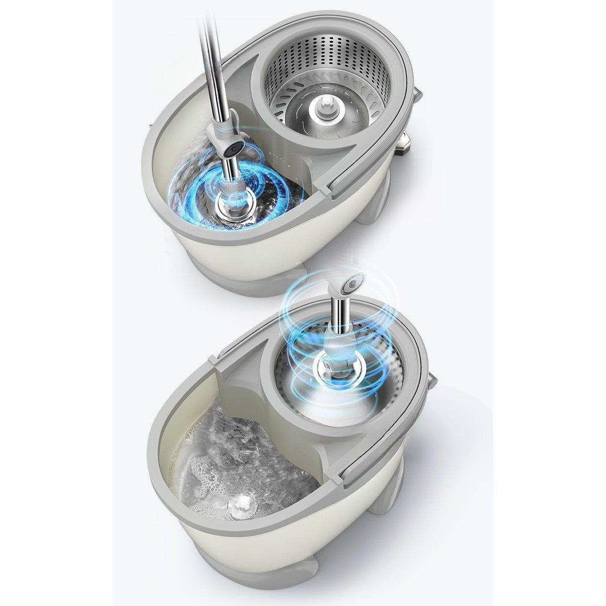 Set Galeata cu Pedala si Mop Rotativ 360°, Flippy, Cu Actiune Centrifuga x4, Pentru Uz Casnic, Maner din Otel Inoxidabil Telescopic, 2 Capte din Bumbac, 46x30x28 cm, Alb Ivoir-3