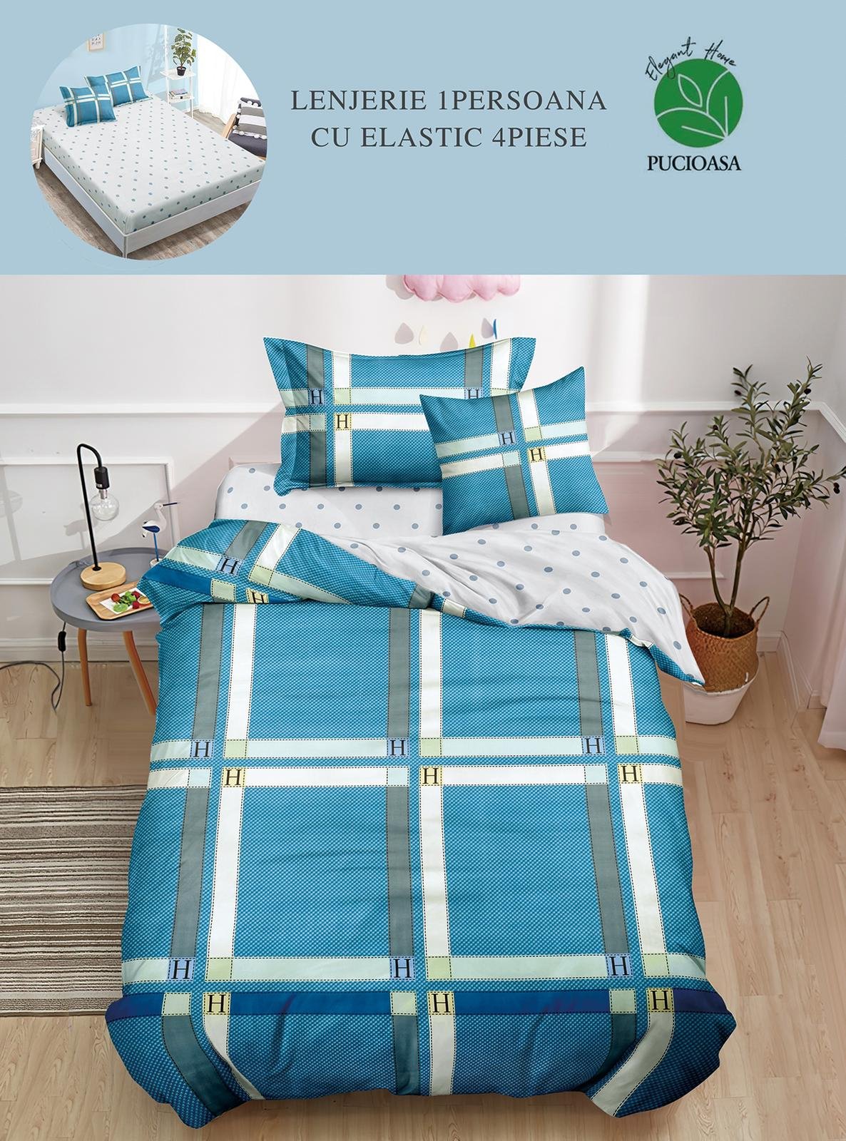 Set Lenjerie De Pat 1 Persoana, 4 piese, cu ELASTIC - Blue H