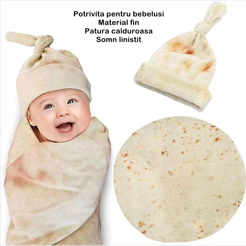 Set patura flanel si caciula Flippy, forma lipie, pentru nou-nascuti, material poliester, 85 cm, crem-5