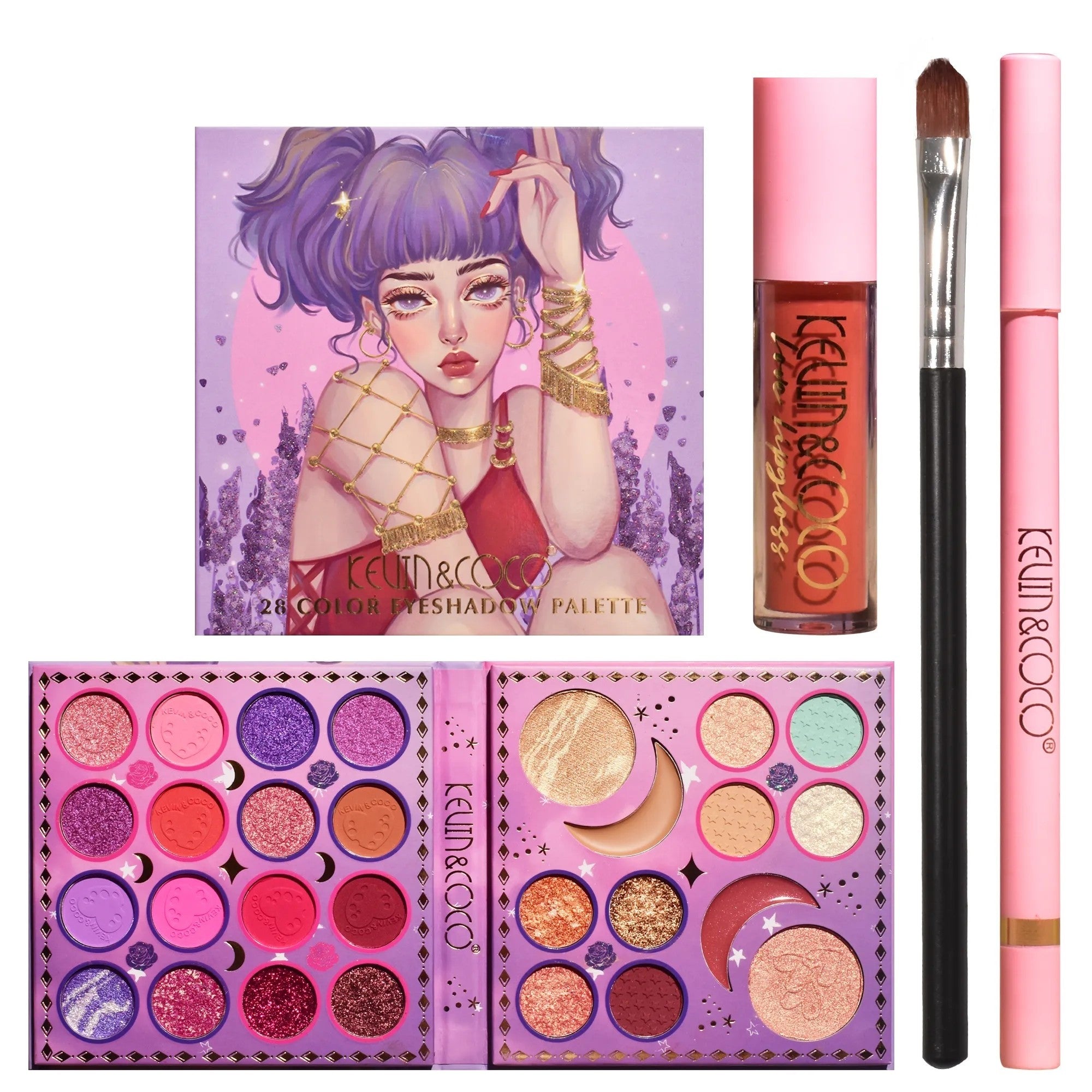 Set Produse de Machiaj, Kevin & Coco, 28 Culori, Fard de Ochi, Ruj, Pensula si Creion, Varianta 2-3