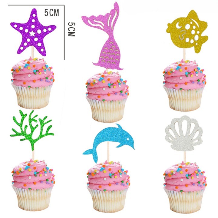 Set Toppere pentru Tort si Prajituri, Flippy, Tematica Sirena, Model Mare Scris Happy Birthday 16.5x8.2 cm, 6 Toppere Mici Model Marin 5x5 cm, Multicolor-1
