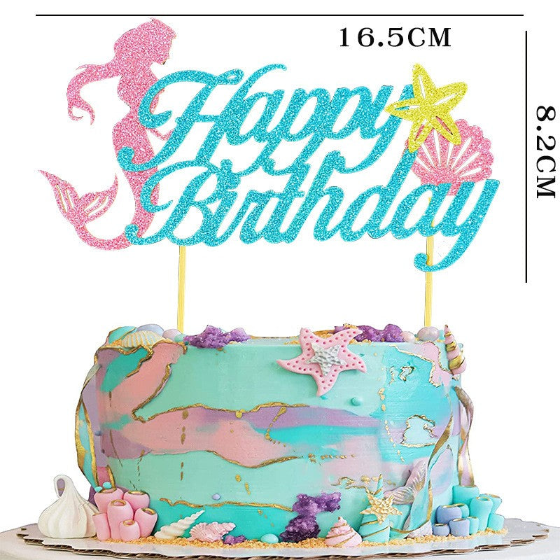 Set Toppere pentru Tort si Prajituri, Flippy, Tematica Sirena, Model Mare Scris Happy Birthday 16.5x8.2 cm, 6 Toppere Mici Model Marin 5x5 cm, Multicolor-2