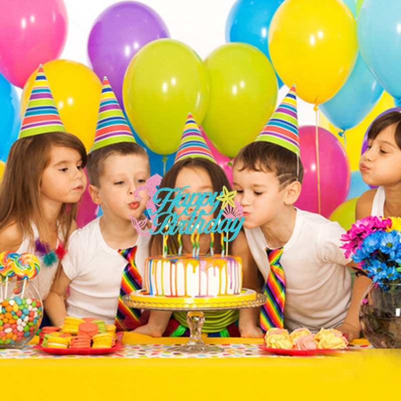 Set Toppere pentru Tort si Prajituri, Flippy, Tematica Sirena, Model Mare Scris Happy Birthday 16.5x8.2 cm, 6 Toppere Mici Model Marin 5x5 cm, Multicolor-4