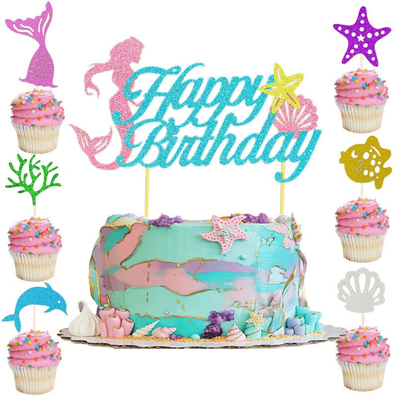 Set Toppere pentru Tort si Prajituri, Flippy, Tematica Sirena, Model Mare Scris Happy Birthday 16.5x8.2 cm, 6 Toppere Mici Model Marin 5x5 cm, Multicolor-0