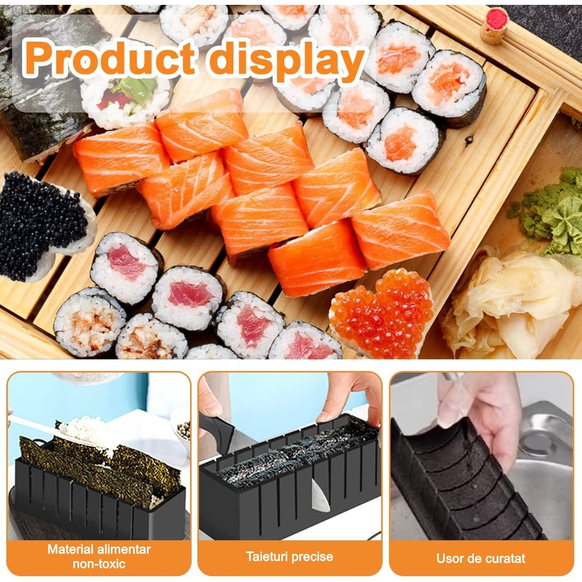 Set ustensile pentru facut sushi Flippy, 10 piese, forma inima inclus, 3 forme clasice, extensibil, finisaj lucios, material ABS, curatare usoara, negru-1