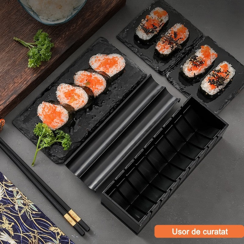 Set ustensile pentru facut sushi Flippy, 10 piese, forma inima inclus, 3 forme clasice, extensibil, finisaj lucios, material ABS, curatare usoara, negru-2